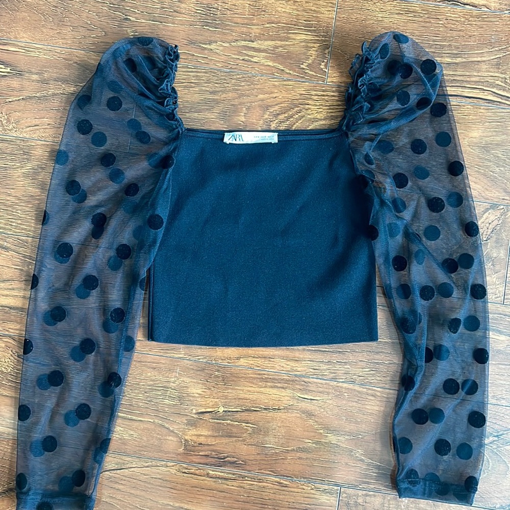 Zara poplin black top with mesh and polka dots (size medium)